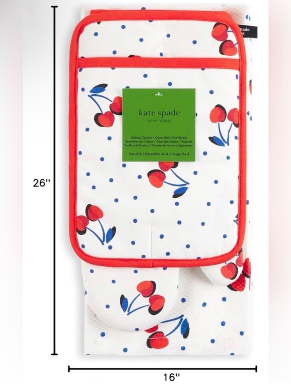 NEW 4 PK KATE SPADE CHERRY DOT KITCHEN SET, Towels, Oven Mitt & Pot Holder Set - Picture 3 of 6